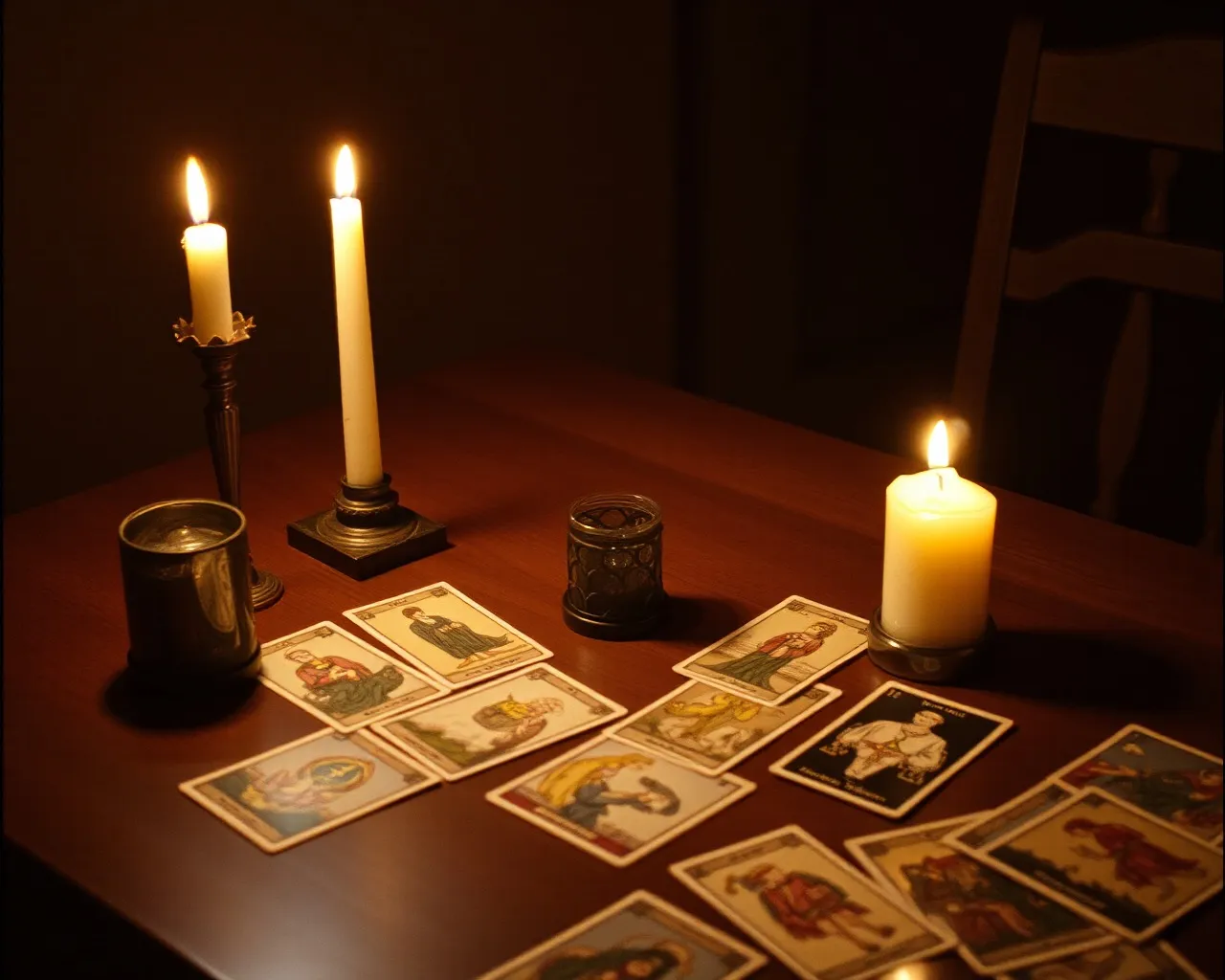 A reader shuffling tarot cards by candlelight